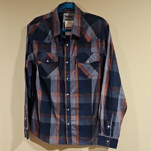 Levi's Men's Navy and Orange Plaid Shirt